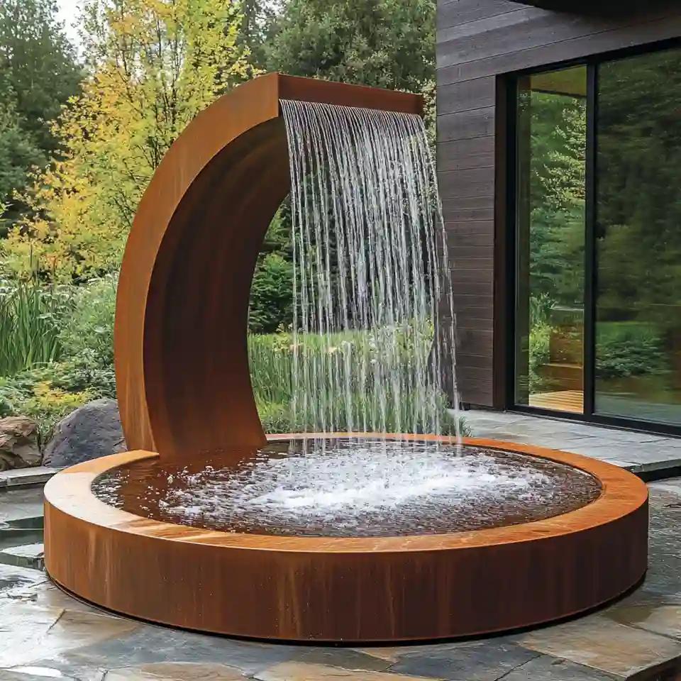 Corten Arc Waterfall over Round Pool — Available Fixture